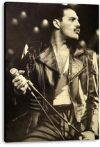 Freddie Mercury canvas wall art print featuring a monochrome concert portrait with microphone, leather jacket, and dark stage lights.