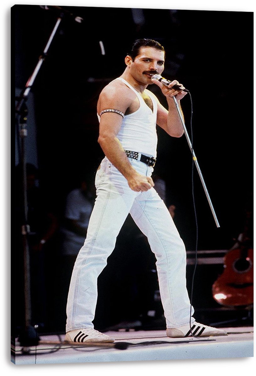 Freddie Mercury canvas wall art print presents the performer in white clothing holding a microphone stand against a dark concert background.
