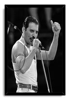 Freddie Mercury framed wall art print presents a monochrome performance portrait of the singer at a microphone in a black frame.