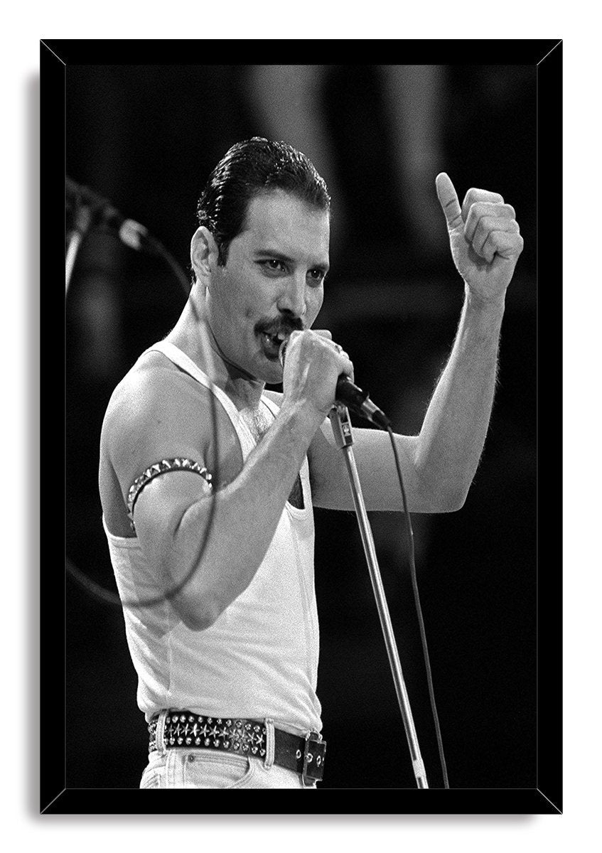 Freddie Mercury framed wall art print presents a monochrome performance portrait of the singer at a microphone in a black frame.