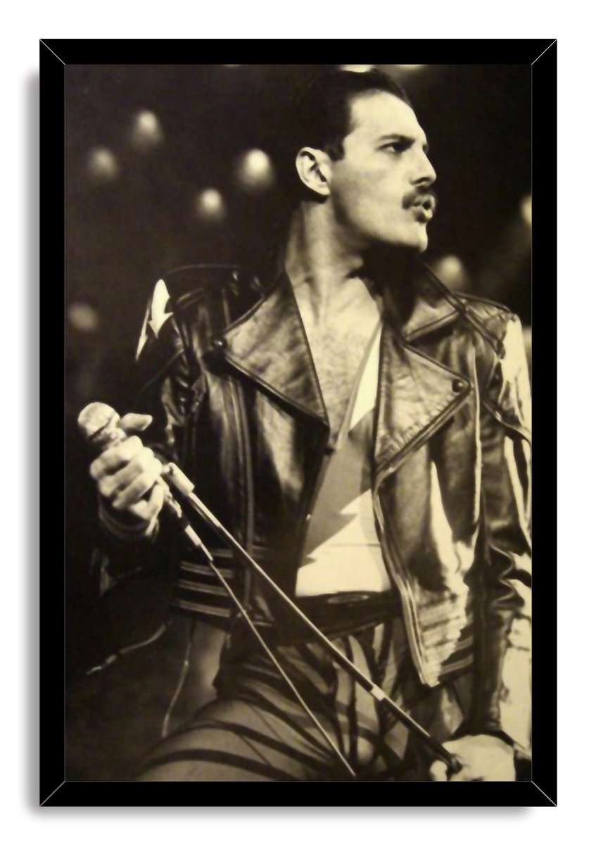 Freddie Mercury framed wall art print in black and white, posed with a microphone stand and leather jacket onstage.