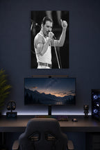 Freddie Mercury in a gaming desk setup above a monitor.