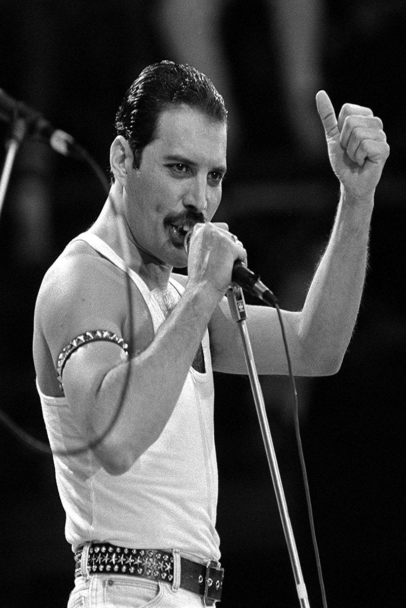 Freddie Mercury poster features a black-and-white concert portrait of the singer holding a microphone and raising his thumb.
