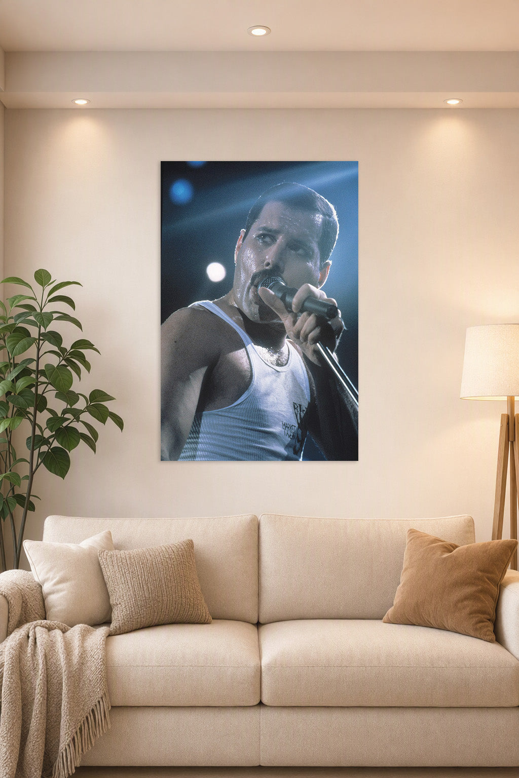Freddie Mercury in a bright living room above a beige sofa.