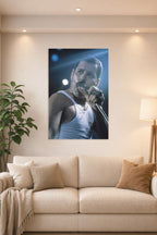 Freddie Mercury in a bright living room above a beige sofa.