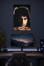 Freddie Mercury in a gaming desk setup above a monitor.
