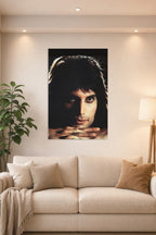 Freddie Mercury in a bright living room above a beige sofa.