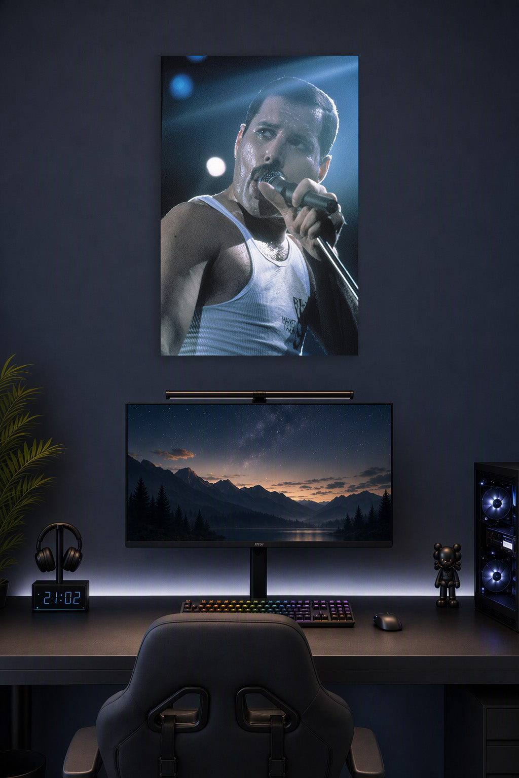 Freddie Mercury in a gaming desk setup above a monitor.