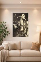 Freddie Mercury in a bright living room above a beige sofa.
