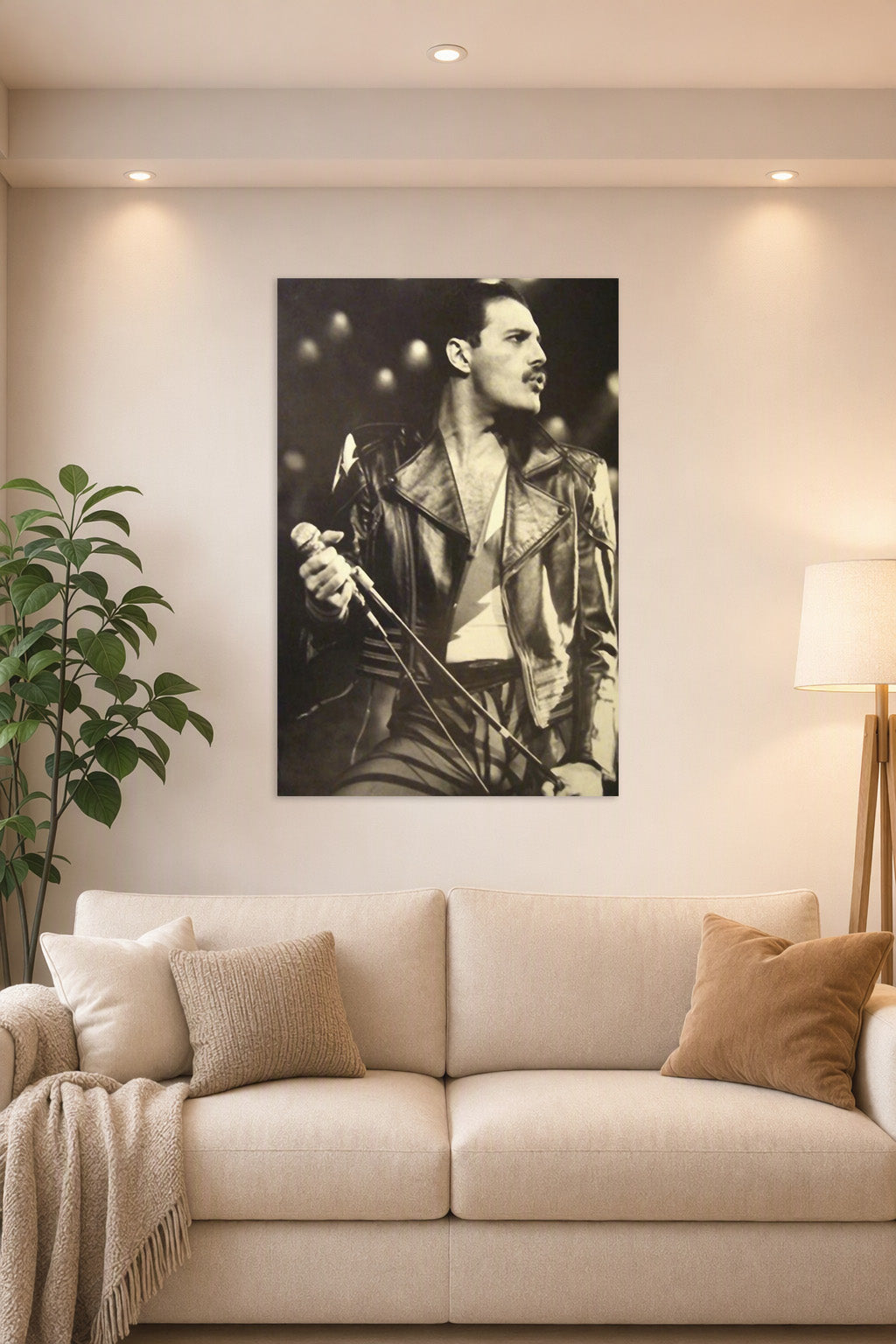 Freddie Mercury in a bright living room above a beige sofa.