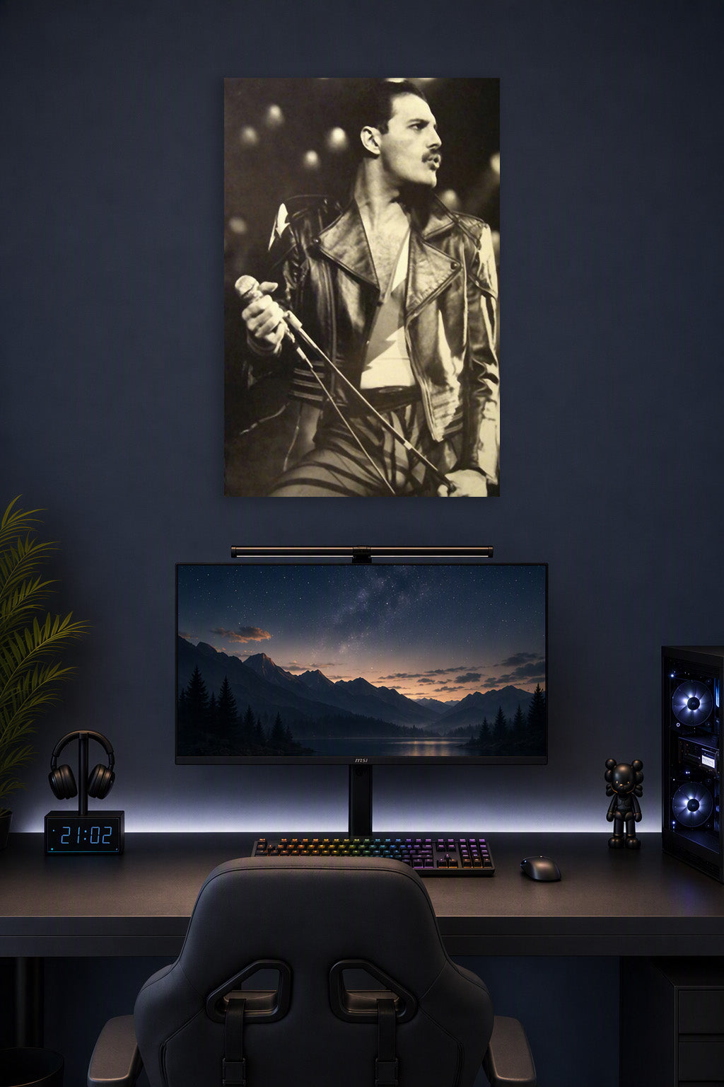 Freddie Mercury in a gaming desk setup above a monitor.