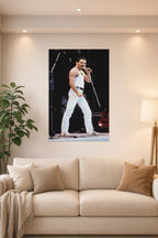 Freddie Mercury in a bright living room above a beige sofa.