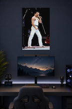 Freddie Mercury in a gaming desk setup above a monitor.