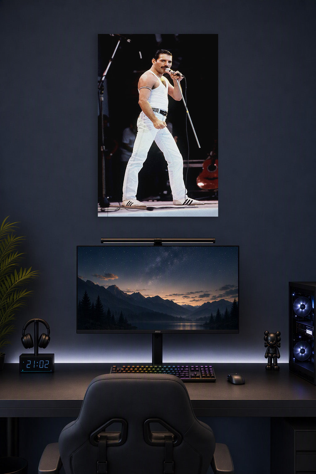 Freddie Mercury in a gaming desk setup above a monitor.