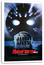 Friday the 13th Part VI Jason Lives canvas wall art print displays a lit hockey mask and JASON LIVES tombstone in blue fog.
