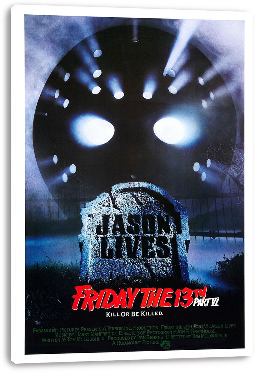 Friday the 13th Part VI Jason Lives canvas wall art print displays a lit hockey mask and JASON LIVES tombstone in blue fog.