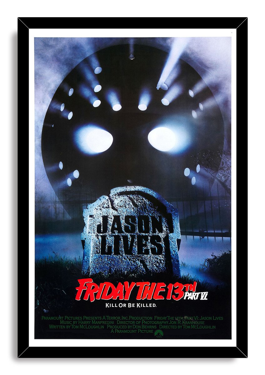 Friday the 13th Part VI Jason Lives framed wall art print pairs a black frame with a hockey mask and graveyard tombstone.