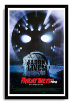 Friday the 13th Part VI Jason Lives framed wall art print pairs a black frame with a hockey mask and graveyard tombstone.
