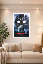 Friday the 13th Jason Lives Horror Movie in a bright living room above a beige sofa.