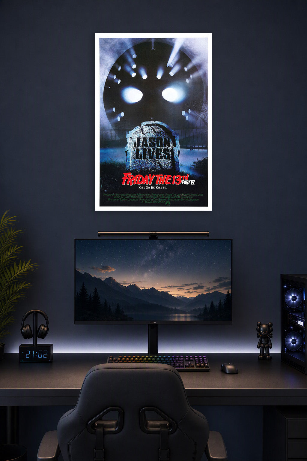 Friday the 13th Jason Lives Horror Movie in a gaming desk setup above a monitor.