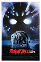 Friday the 13th Part VI Jason Lives poster features a glowing hockey mask above a misty graveyard tombstone.