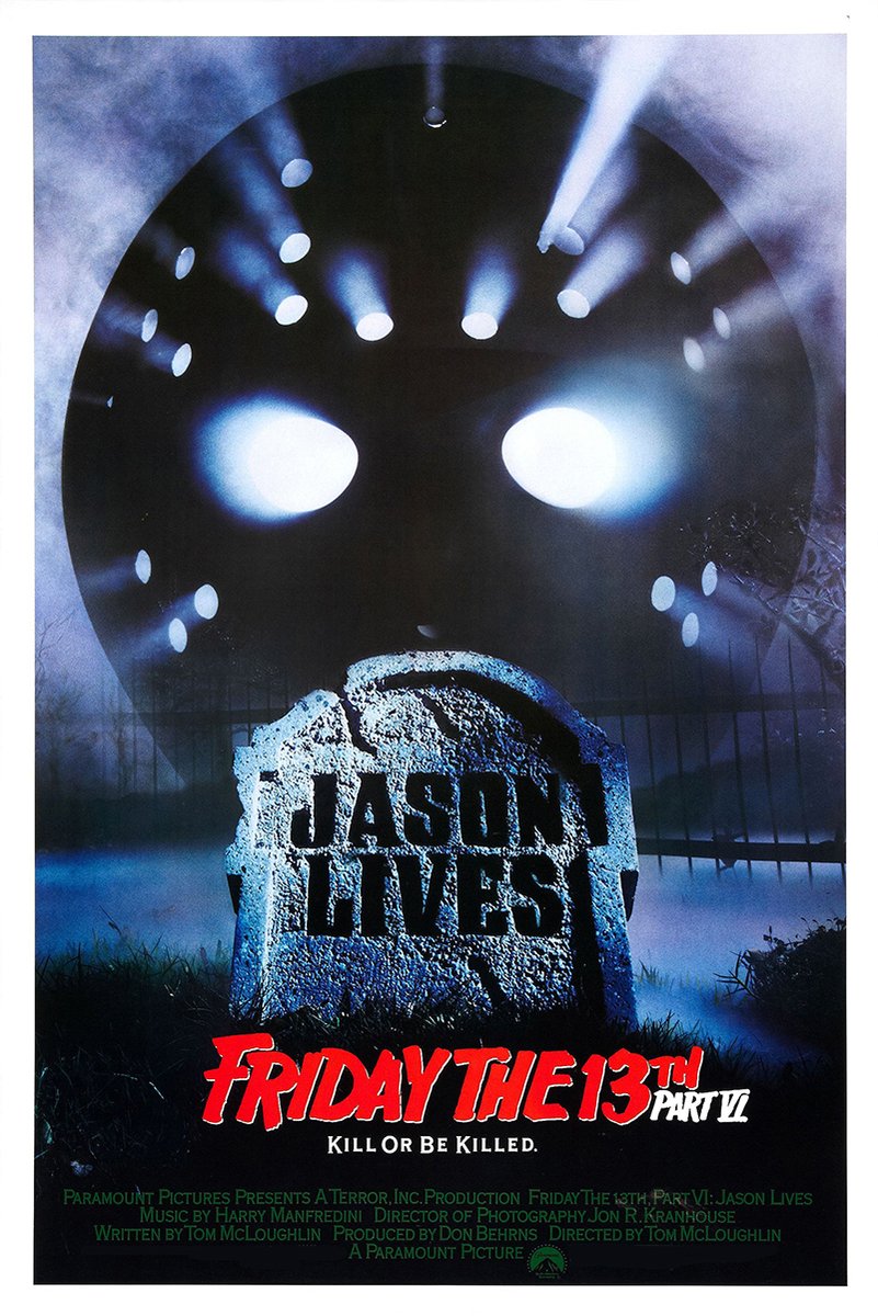 Friday the 13th Part VI Jason Lives poster features a glowing hockey mask above a misty graveyard tombstone.