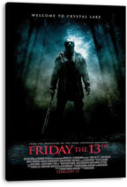 Friday the 13th canvas wall art print displays Jason Voorhees with a machete beneath a glowing misty forest canopy.
