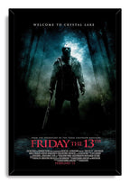 Friday the 13th framed wall art print depicts hockey-masked Jason standing with a machete in a dark, fog-filled woodland.