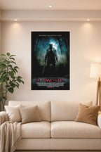 Friday the 13th Jason Voorhees in a bright living room above a beige sofa.