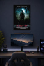 Friday the 13th Jason Voorhees in a gaming desk setup above a monitor.