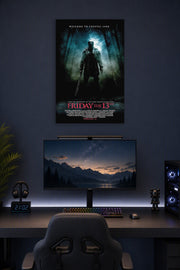 Friday the 13th Jason Voorhees in a gaming desk setup above a monitor.