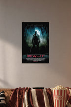 Friday the 13th Jason Voorhees in a cozy movie room above a brown sofa with popcorn.