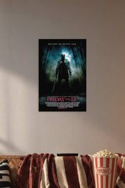Friday the 13th Jason Voorhees in a cozy movie room above a brown sofa with popcorn.