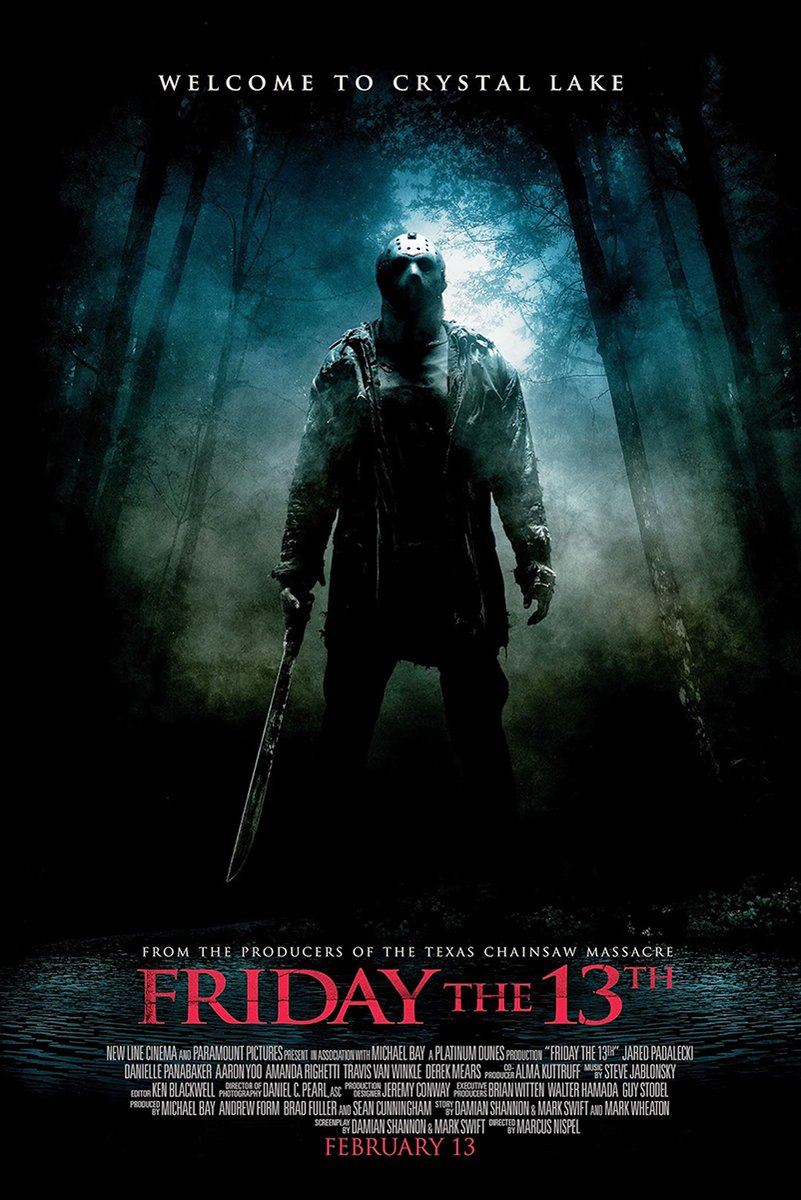 Friday the 13th poster features masked Jason Voorhees holding a machete in a foggy blue-green forest at Crystal Lake.