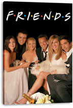 Friends canvas wall art print displaying the six cast members posed in evening attire with champagne and white flowers.