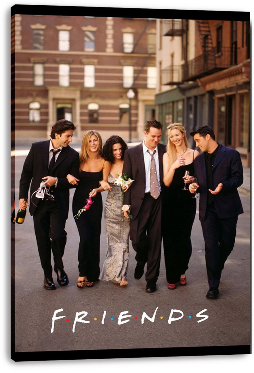 Friends canvas wall art print displays the six cast members strolling down a city street, with flowers, drinks, and the logo beneath.