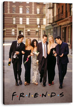 Friends canvas wall art print featuring the six cast members walking together in formal outfits on a city street.