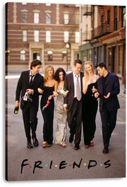 Friends canvas wall art print featuring the six cast members walking together in formal outfits on a city street.