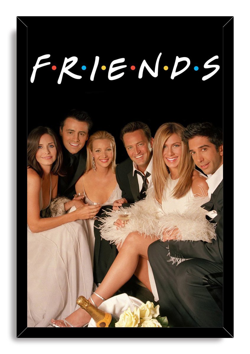 Friends framed wall art print featuring the cast in formal attire, with the logo, champagne bottle, and white roses.