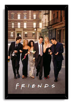 Friends framed wall art print portrays the six cast members walking together in formal attire on an urban street above the Friends logo.