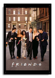 Friends framed wall art print portrays the six cast members walking together in formal attire on an urban street above the Friends logo.