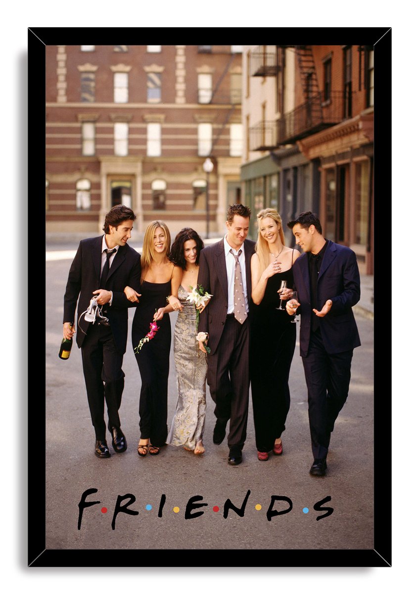 Friends framed wall art print featuring six cast members strolling in formal wear, with the dotted Friends logo at the bottom.