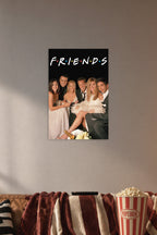 Friends TV Show Cast in a cozy movie room above a brown sofa with popcorn.