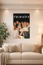 Friends TV Show Cast in a bright living room above a beige sofa.