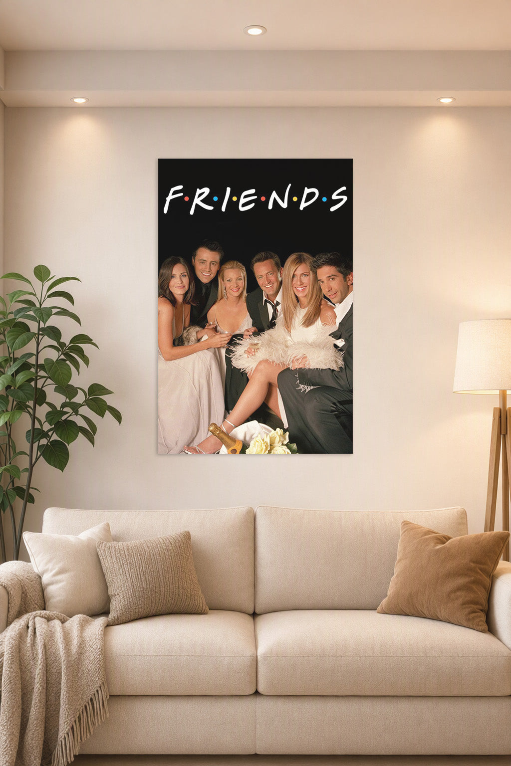 Friends TV Show Cast in a bright living room above a beige sofa.