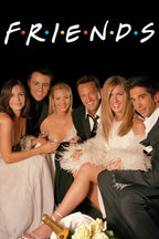 Friends poster featuring the six cast members in formal black and white outfits beneath the white logo on black.