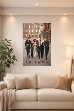 Friends TV Show Cast in a bright living room above a beige sofa.