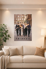Friends TV Show Cast in a bright living room above a beige sofa.