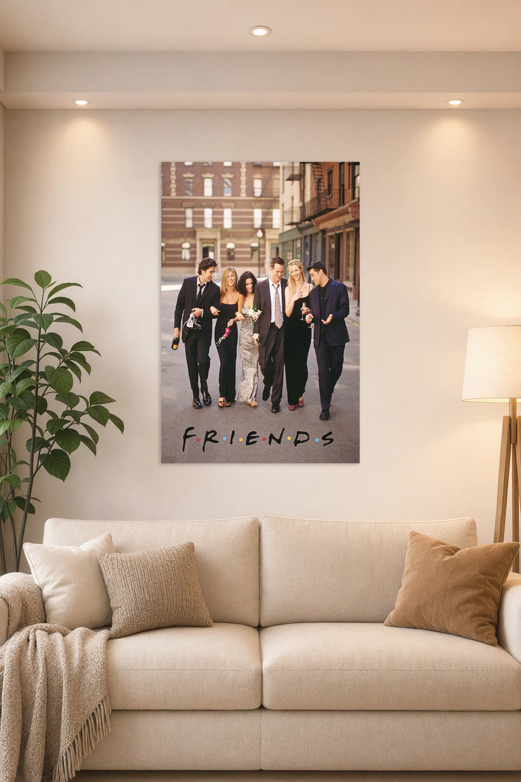 Friends TV Show Cast in a bright living room above a beige sofa.