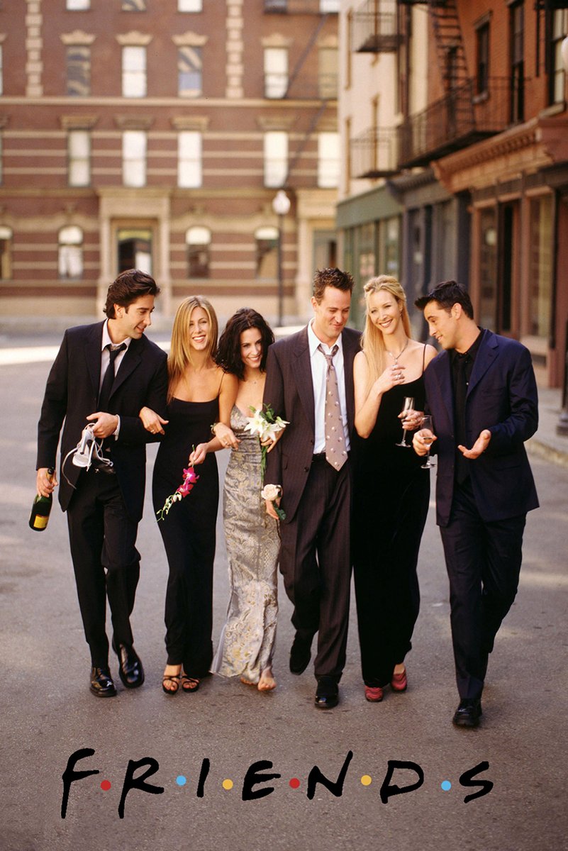 Friends poster featuring six cast members in formal attire walking down a city street, with the colorful dotted logo below.